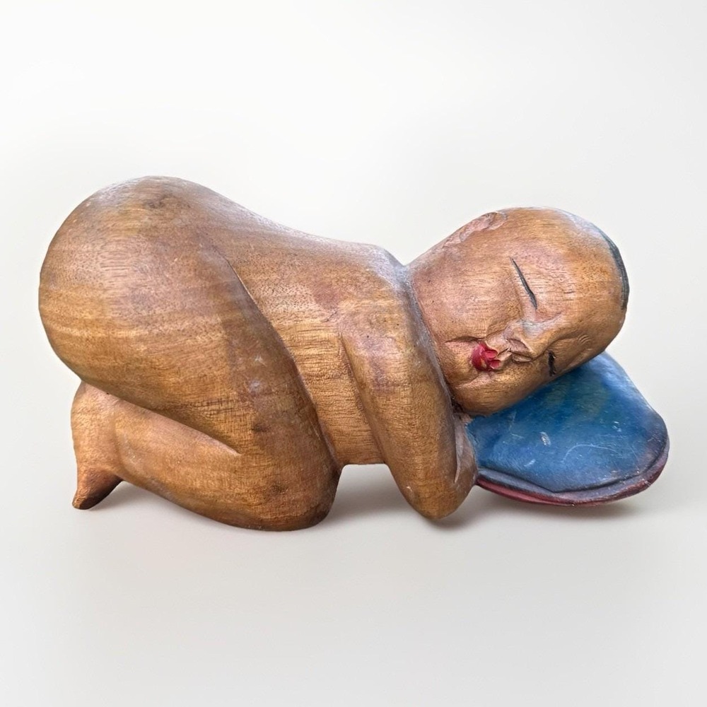 Hand Carved Wood Sleeping Baby Figurine 8" Boho Nursery Decor Folk Art Sculpture